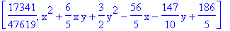 [17341/47619, x^2+6/5*x*y+3/2*y^2-56/5*x-147/10*y+186/5]